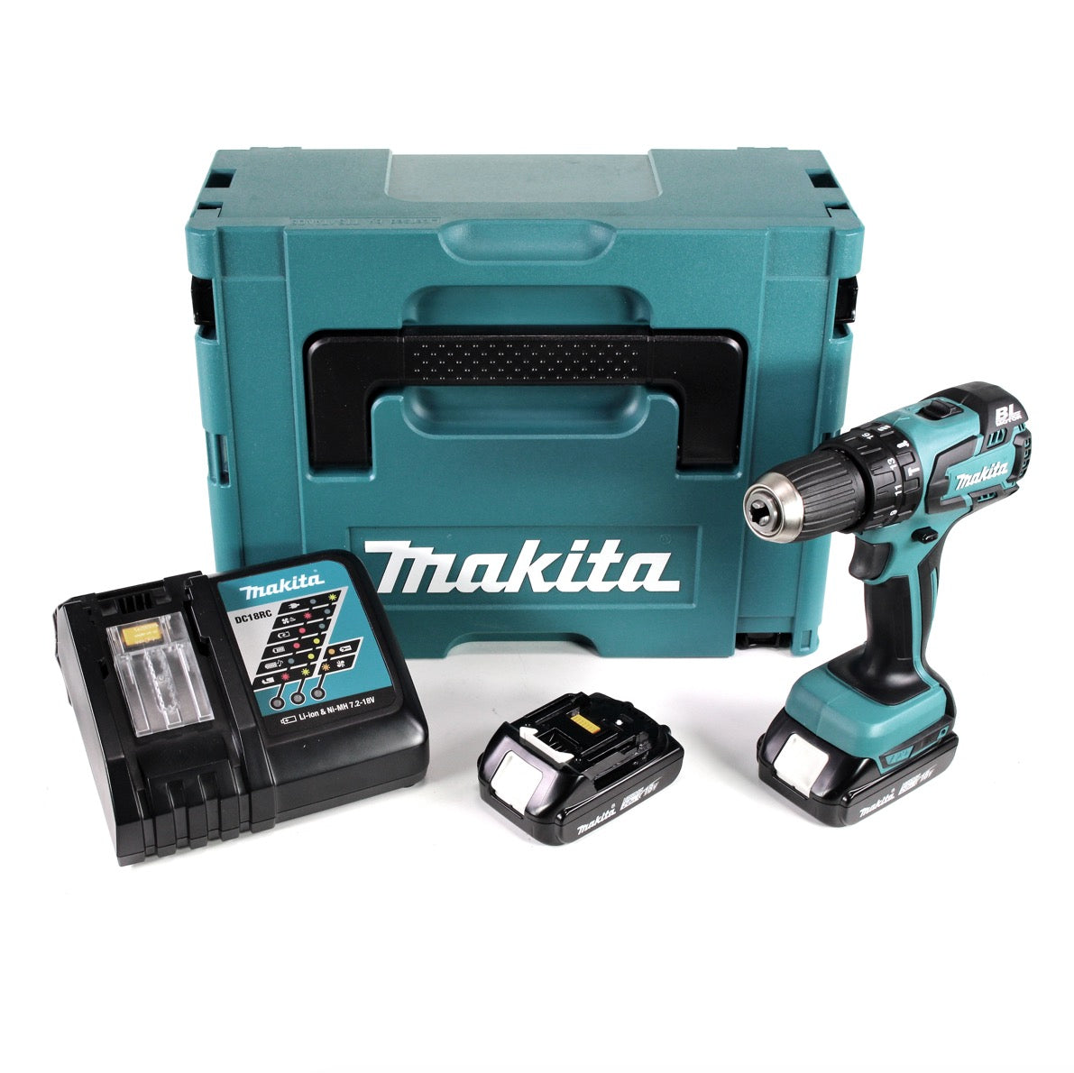 Makita DHP 459 RAJ Akku Schlagbohrschrauber 18 V 45 Nm Brushless + 2x Akku 2,0 Ah + Ladegerät + Makpac - Toolbrothers