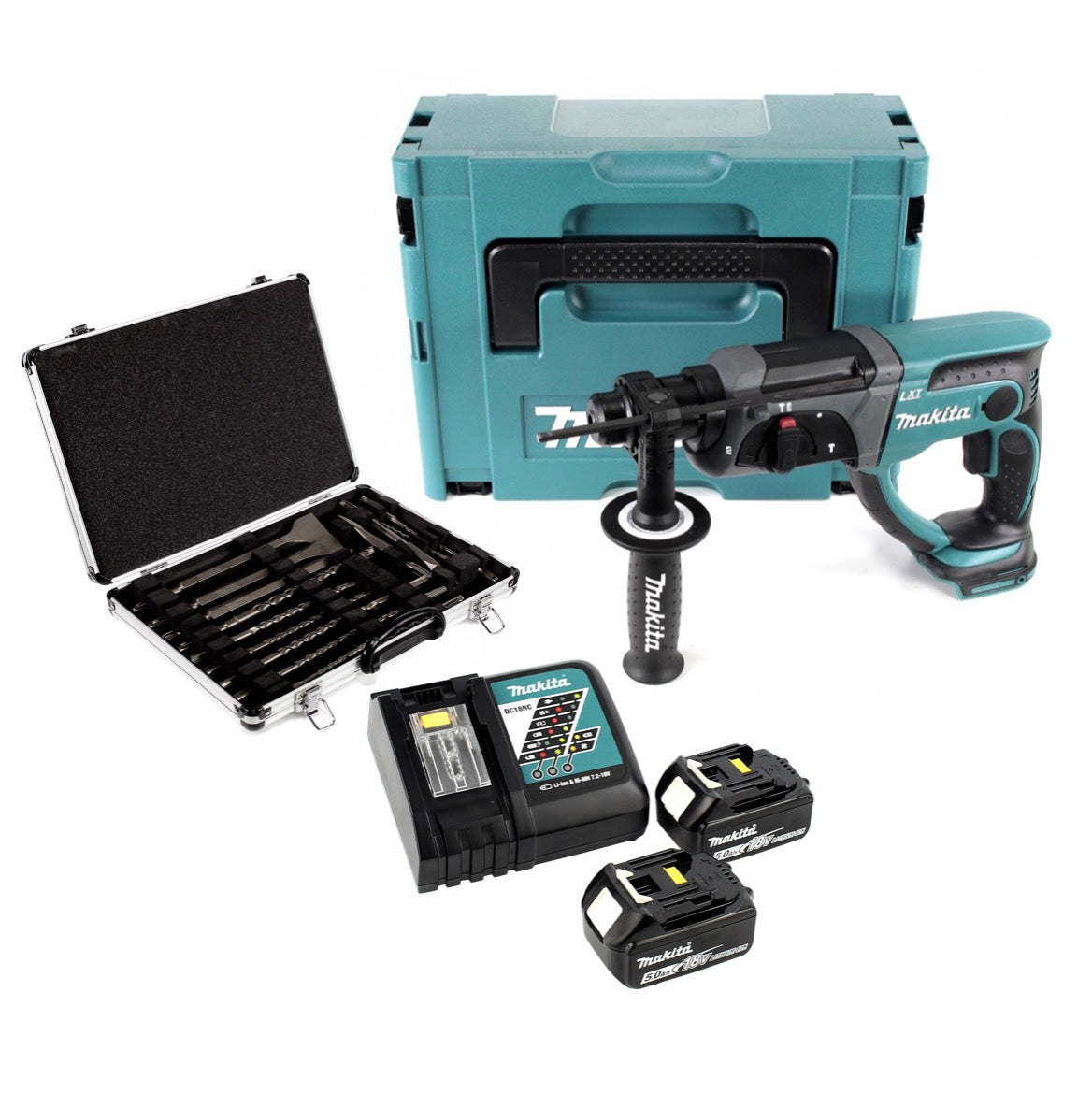 Makita DHR 202 RTJ 18 V Akku Kombihammer SDS-Plus im Makpac + 2x 5,0 Ah Akku + DC18RC Ladegerät + D-42444 SDS-Plus Bohrer-Meißel-Set 17 tlg. im Alu Koffer - Toolbrothers