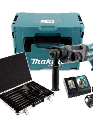 Makita DHR 241 RTJ Akku Bohrhammer 18 V Li-Ion mit SDS-Plus Aufnahme im Makpac + 2x BL 1850 B 5,0 Ah Akku + DC 18 RC Schnellladegerät + Makita D-42444 SDS-Plus Bohrer-Meißel-Set 17 tlg. im Alu Koffer - Toolbrothers