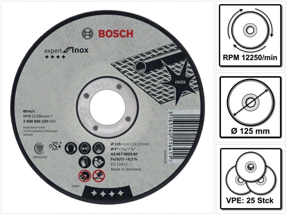 Bosch GWS 850 CE 850 Watt 125 mm Winkelschleifer ( 0601378790 ) + 25 x Bosch AS 60 T INOX BF Trennscheibe 125 x 1,0 mm ( 2608600549 ) - Toolbrothers