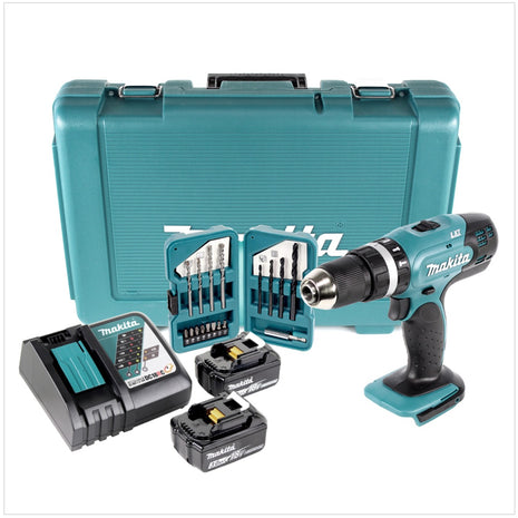 Makita DHP453 RFE 18 V Akku Schlagbohrschrauber im Koffer + 2 x BL1830 3,0 Ah Akku + DC18RC Ladegerät + Bits/Bohrer - Toolbrothers