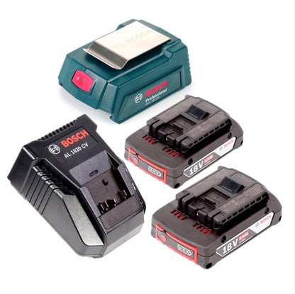 Bosch USB Power Set 18 V mit GAA Professional USB Adapter für 14,4 V / 18 V Akkus + 2x GBA 18V 2,0 Ah Li-Ion Einschub Akku + 1x Schnell Ladegerät AL 1820 CV - Toolbrothers