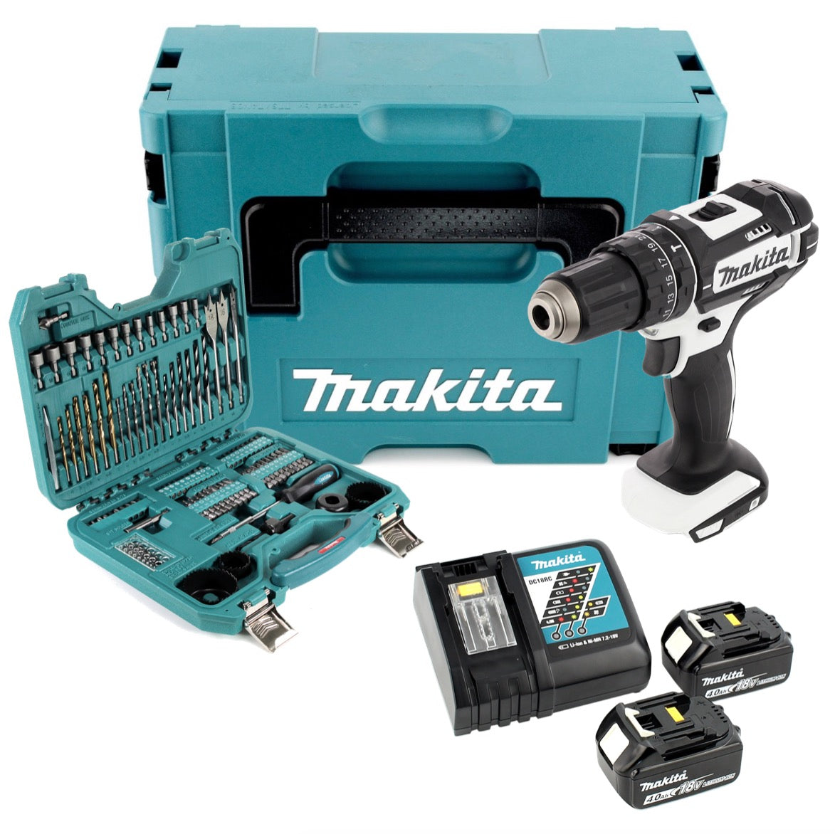 Makita DHP 482 RMJW Akku Schlagbohrschrauber 18 V 62 Nm weiß + 2x Akku 4,0Ah + Ladegerät + 100 tlg. Bit & Bohrer Set + Makpac - Toolbrothers