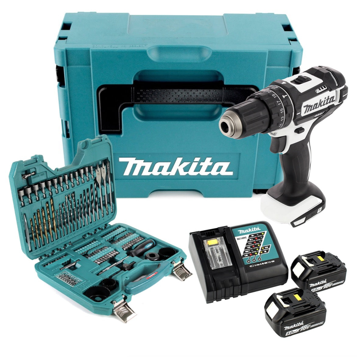 Makita DHP 482 RTJ W Akku Schlagbohrschrauber 18 V 62Nm im Makpac + 2x 5,0 Ah Akku + Ladegerät + 101 tlg. Bit & Bohrer Set - Toolbrothers