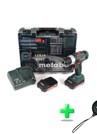 Juego de taladro atornillador a batería Metabo BS 18 L 18 V 50 Nm (602321870) + 2 baterías 2,0 Ah + cargador + juego de brocas + maletín + cinta métrica Metabo de 5 metros