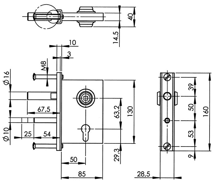 Serrure de portail AMF 107 axe 50 mm galvanisé (3311021048)