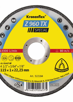 KLINGSPOR disque à tronçonner Z 960 TX D125x1mm droit (4000841022)