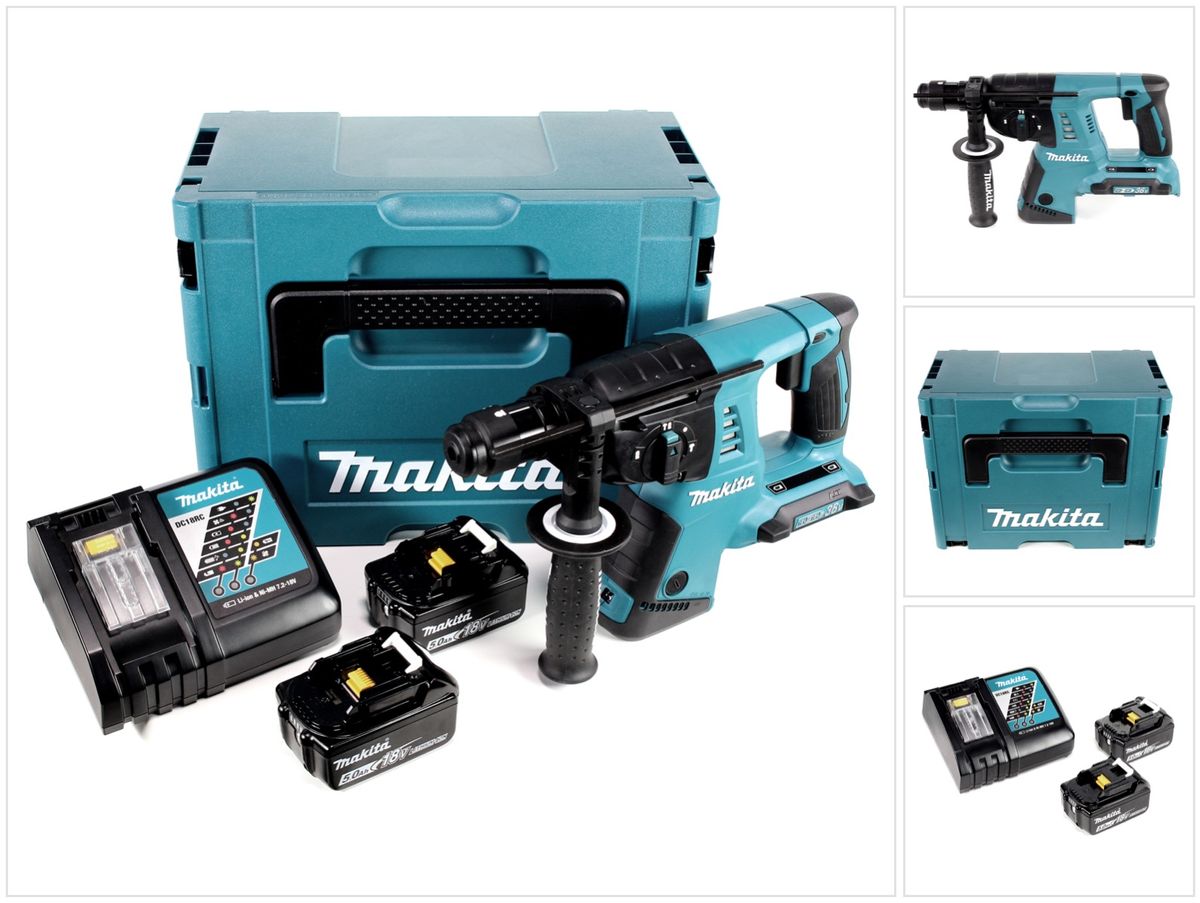 Makita DHR 264 2 x 18 V / 36 V Li-Ion SDS Plus Akku-Bohrhammer in Makpac 4 mit Einlage + 2 x BL 1850 B 18 V 5,0 Ah Li-Ion Akku + 1 x DC18RC Ladegerät + 5 tlg. Hartmetall Bohrer Set für Mauerwerk und Beton - Toolbrothers