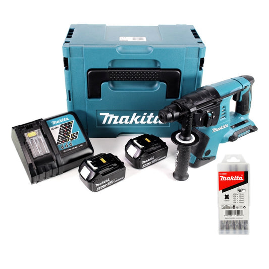 Makita DHR 263 RMJ 2x18V / 36 V SDS-Plus Akku Bohrhammer mit 2 x 4,0 Ah Akku + DC18RC Ladegerät im Makpac 4 + 5 tlg. Hartmetall Bohrer Set für Mauerwerk und Beton - Toolbrothers