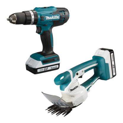 Makita DK18B56Y set spécial avec perceuse à percussion HP488D et cisaille à gazon série UM110D 18 VG + 2x batterie 1,5 Ah + chargeur