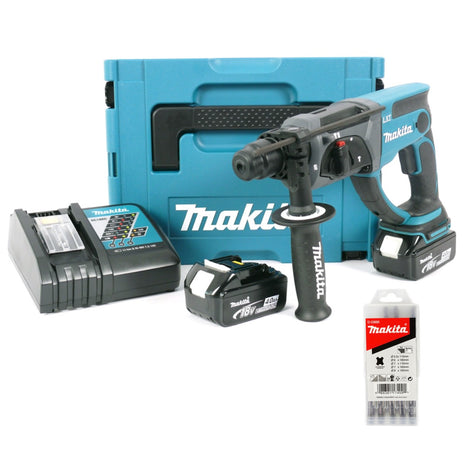 Makita DHR 202 RMJ 18 V Akku-Kombihammer SDS-Plus im Makpac mit 2 Akkus 4,0 Ah + Ladegerät + 5 tlg. Hartmetall Bohrer Set für Mauerwerk und Beton - Toolbrothers