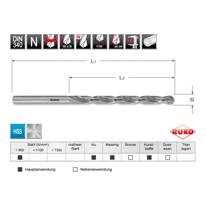 Foret hélicoïdal RUKO DIN 340 type N diamètre nominal 6 mm (4000600969)