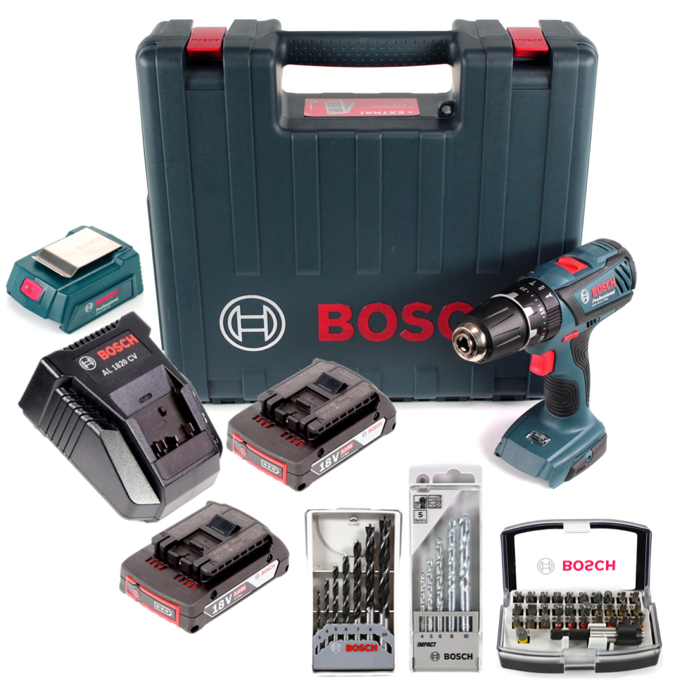 Bosch GSB 18-2-Li Plus Schlagbohrschrauber Professional 18 V im Koffer + 2x GBA 2,0 Ah + Bosch AL 1820 CV Schnellladegerät + Bosch 32 teiliges Bit Set + Bosch 5 tlg. Steinbohrer Set + Bosch Holzbohrer Set 7 tlg + Bosch USB Ladegerät Adapter - Toolbrothers