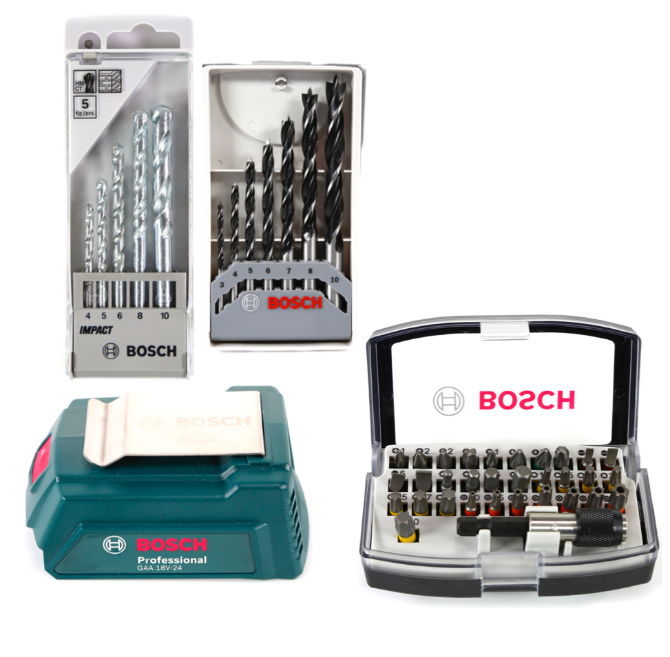 Bosch GSB 18-2-Li Plus Schlagbohrschrauber Professional 18 V im Koffer + 2x GBA 2,0 Ah + Bosch AL 1820 CV Schnellladegerät + Bosch 32 teiliges Bit Set + Bosch 5 tlg. Steinbohrer Set + Bosch Holzbohrer Set 7 tlg + Bosch USB Ladegerät Adapter - Toolbrothers