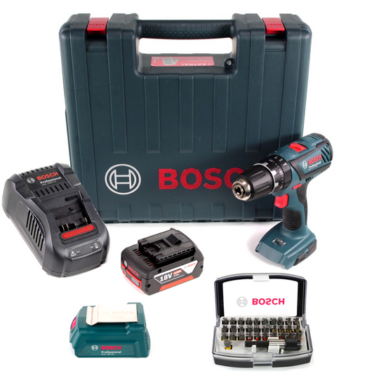 Bosch GSB 18-2-Li Plus Schlagbohrschrauber Professional 18 V im Koffer + 1x GBA 6,0 Ah Akku + Bosch GAL 1880 CV Schnellladegerät + Bosch 32 teiliges Bit Set + Bosch USB Ladegerät Adapter für 18V Akkus - Toolbrothers