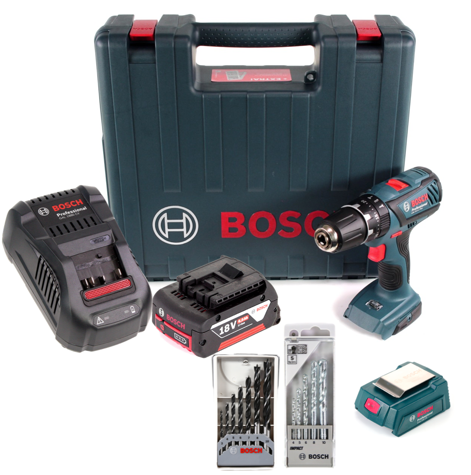 Bosch GSB 18-2-Li Plus Schlagbohrschrauber Professional 18 V im Koffer + 1x GBA 6,0 Ah + Bosch GAL 1880 CV Schnellladegerät + Bosch 5 tlg. Steinbohrer Set + Bosch Holzbohrer Set 7 tlg. + Bosch USB Ladegerät Adapter für 18V Akkus - Toolbrothers