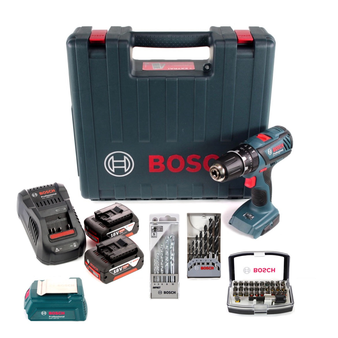 Bosch GSB 18-2-Li Plus Schlagbohrschrauber Professional 18 V im Koffer + 2x GBA 6,0 Ah Akku + Schnellladegerät + 32 tlg. Bit Set + 5 tlg Steinbohrer Set + 7 tlg. Holzbohrer Set  + USB Adapter - Toolbrothers