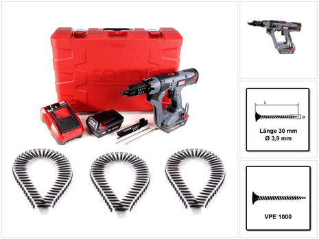 SENCO DS 5550 18V DuraSpin Magazin Schrauber ( 7W2001N ) mit 2x 3,0 Ah Akkus, Ladegerät und 1000x Feingewinde Schrauben 3,9x30 - Toolbrothers