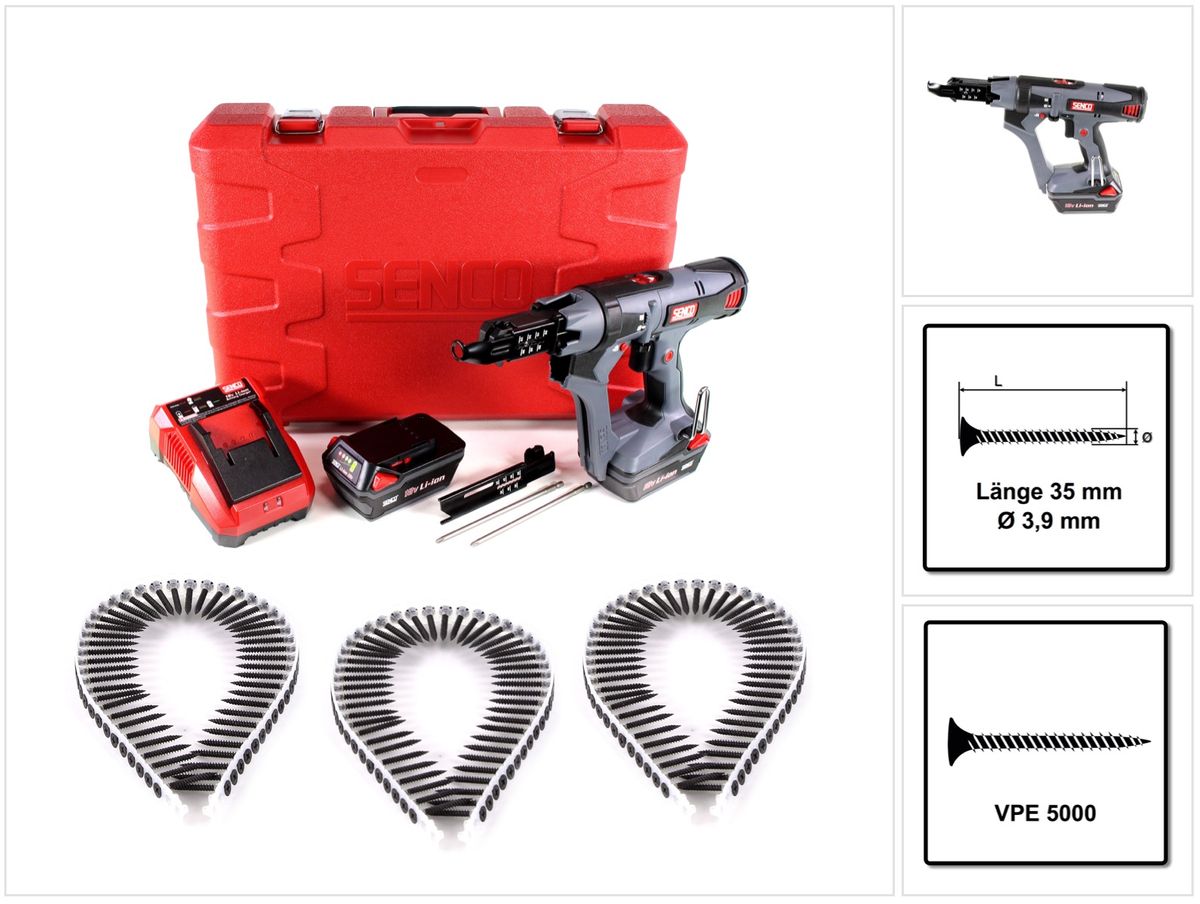 SENCO DS 5550 18V DuraSpin Magazin Schrauber ( 7W2001N ) mit 2x 3,0 Ah Akkus, Ladegerät und 5000x Feingewinde Schrauben 3,9x35 - Toolbrothers