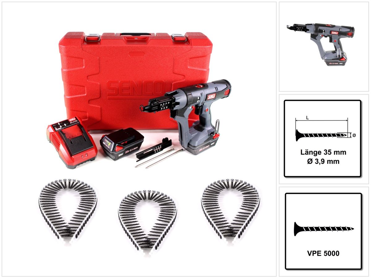 SENCO DS 5550 18V DuraSpin Magazin Schrauber ( 7W2001N ) mit 2x 3,0 Ah Akkus, Ladegerät und 5000x Grobgewinde Schrauben 3,9x35 - Toolbrothers