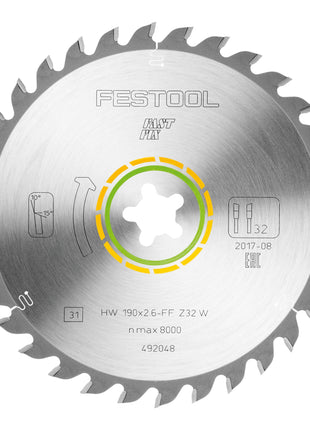 Festool HW 190x2,6 FF W32 lame de scie circulaire WOOD UNIVERSAL 2 pièces (2x 492048) 190 x 2,6 mm 32 dents pour tous les bois, matériaux à base de bois, panneaux de matériaux de construction, panneaux de fibres de plâtre, plastique souple