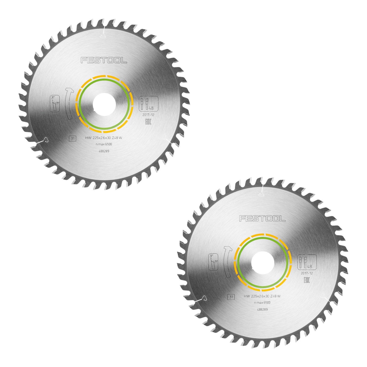 Festool HW 225x2,6x30 W48 lame de scie circulaire WOOD FINE CUT 2 pièces (2x 488289) 225 x 2,6 x 30 mm 48 dents pour panneaux lattés, contreplaqué, panneaux multiplex, verre acrylique, MDF