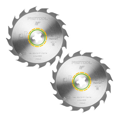 Lame de scie circulaire Festool HW 190x2,6 FF PW16 WOOD RIP CUT 2 pièces (2x 492049) 190 x 2,6 mm 16 dents pour coupes longitudinales dans le bois massif dans le sens du fil