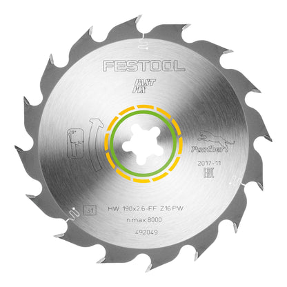 Lame de scie circulaire Festool HW 190x2,6 FF PW16 WOOD RIP CUT 2 pièces (2x 492049) 190 x 2,6 mm 16 dents pour coupes longitudinales dans le bois massif dans le sens du fil