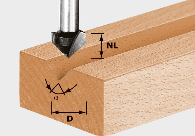 Fraise à rainure en V Festool HW S8 D14/7/90° (490999) pour OF 900, OF 1000, OF 1010, OF 1010 R, OF 1400, OF 2000, OF 2200