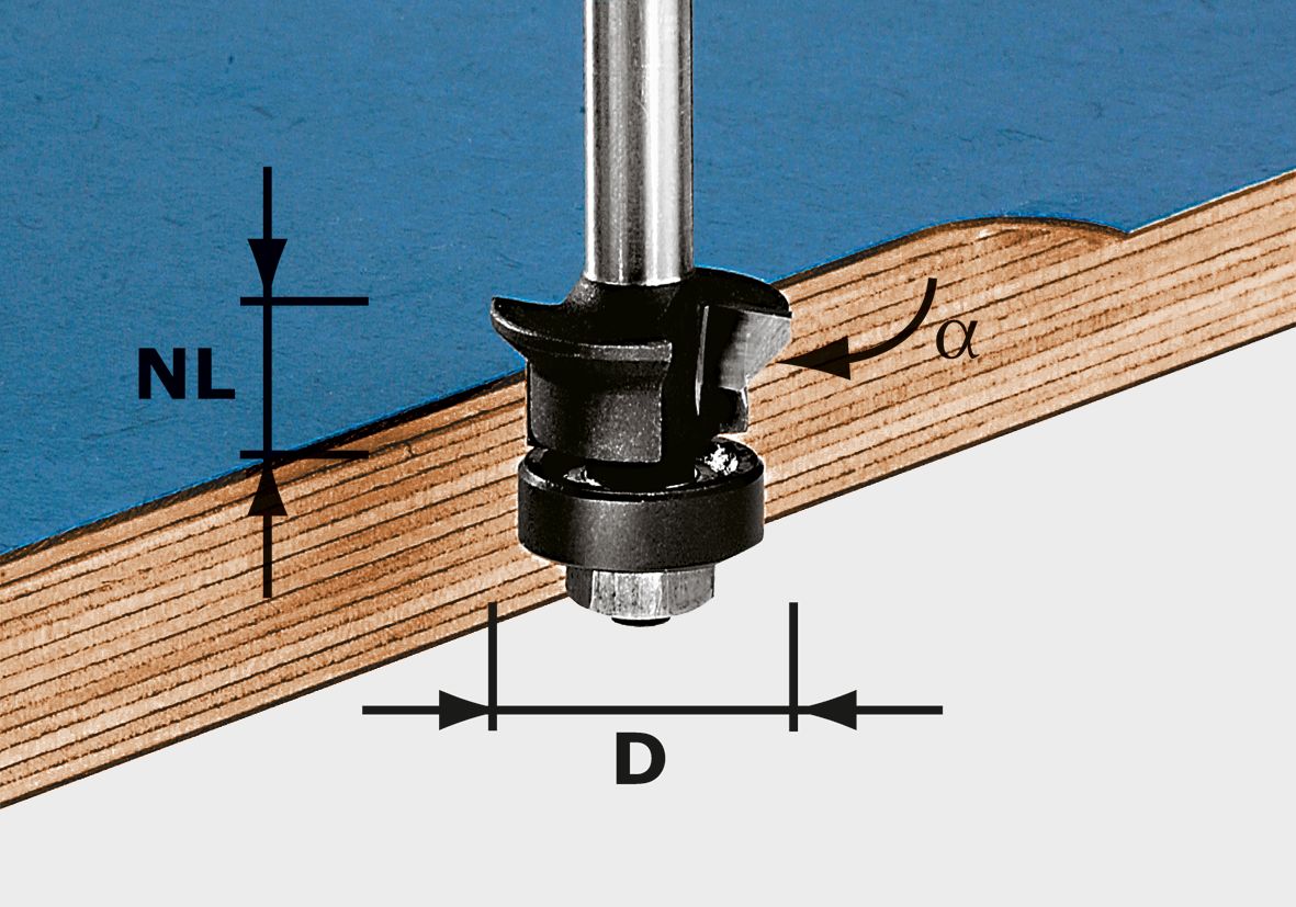 Fraise affleurante à chanfrein Festool HW S8 D24/0° +45° (491026) pour OF 900, OF 1000, OF 1010, OF 1010 R, OF 1400, OF 2000, OF 2200