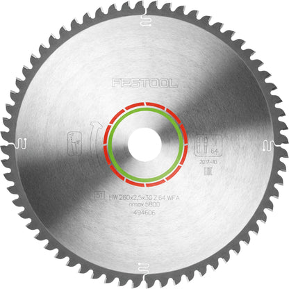 Lame de scie circulaire Festool HW 260x2,5x30 WZ/FA64 STRATIFIÉ/HPL (494606) pour KS 120, KS 88