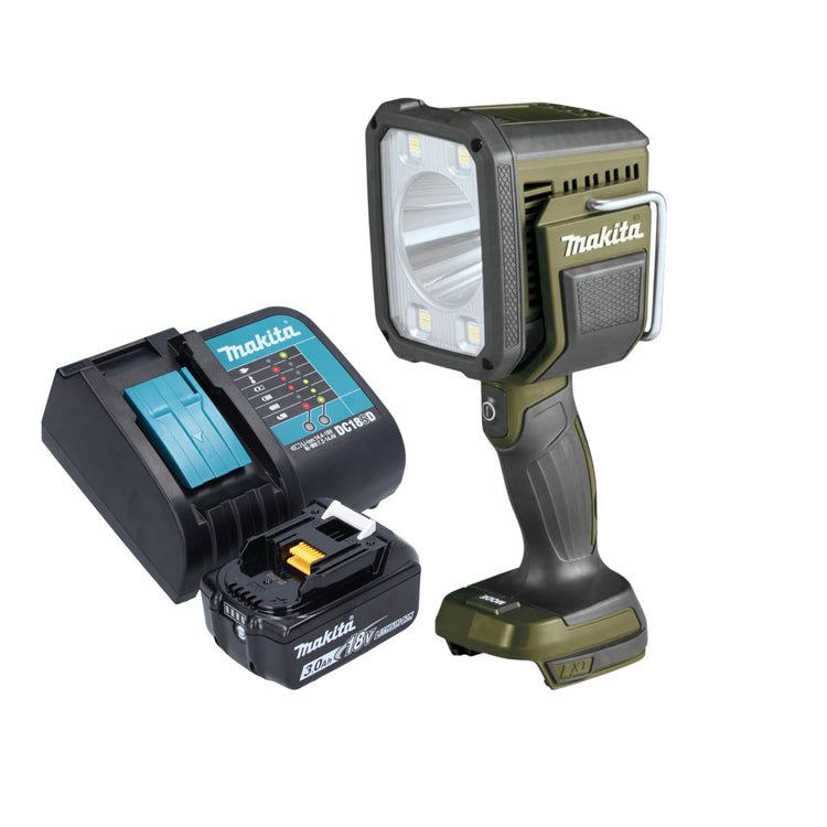 Makita DML 812 SF1 projecteur à main sur batterie 18 V 1250 lm LED vert olive édition spéciale aventure en plein air + 1x batterie 3,0 Ah + chargeur