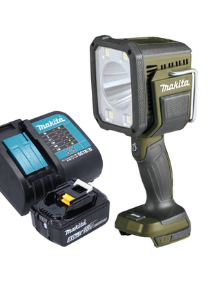 Makita DML 812 ST1 projecteur à main sur batterie 18 V 1250 lm LED vert olive édition spéciale aventure en plein air + 1x batterie 5,0 Ah + chargeur