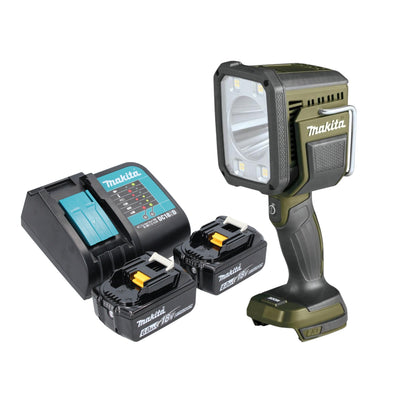 Makita DML 812 SG projecteur à main sur batterie 18 V 1250 lm LED vert olive édition spéciale aventure en plein air + 2x batteries 6,0 Ah + chargeur