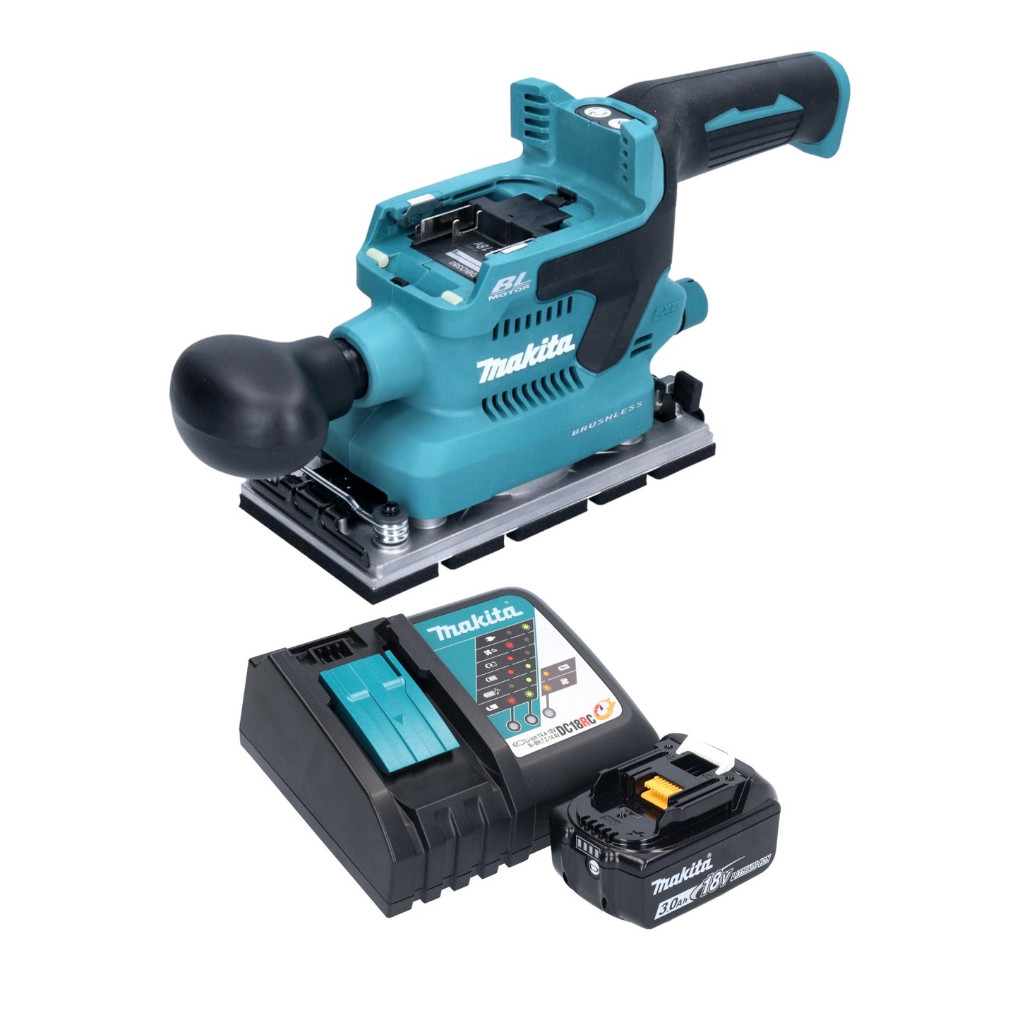 Makita DBO 380 RF1 ponceuse orbitale sur batterie 18 V 93 x 185 mm sans balai + 1x batterie 3,0 Ah + chargeur