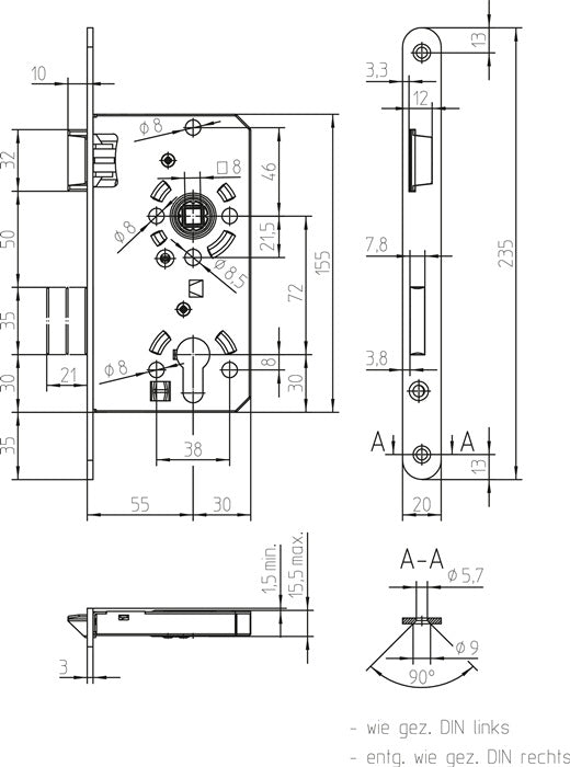 Serrure à mortaiser pour porte de chambre SSF PZW 20/55/72/8 mm DIN gauche (3000251010)