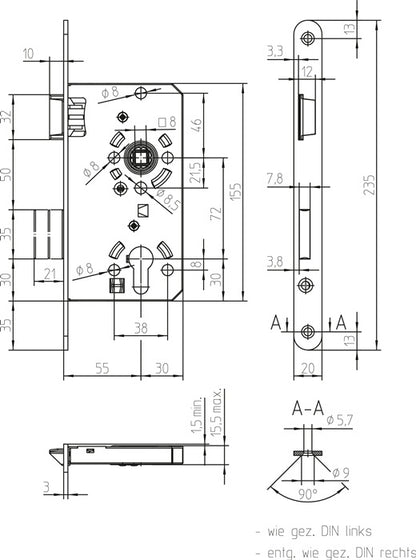 Serrure à mortaiser pour porte de chambre SSF PZW 20/55/72/8 mm DIN gauche (3000251010)