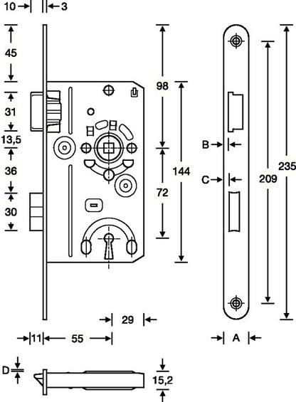 Serrure à mortaiser pour porte de chambre SSF BB 20/55/72/8 mm DIN gauche (3000251084)