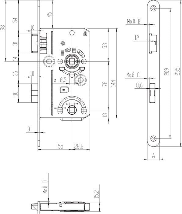 Serrure à mortaiser pour porte de chambre SSF BAD20/55/78/8 mm DIN gauche (3000251086)