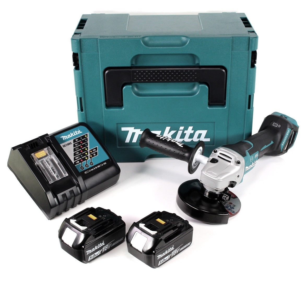 Makita DGA 517 RTJ Akku Winkelschleifer 18 V 125 mm Brushless + 2x Akku 5,0 Ah + Ladegerät + Makpac - Toolbrothers