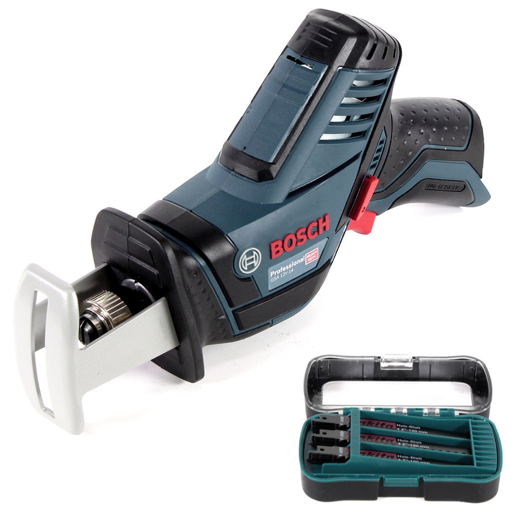 Bosch GSA 12V-14 Akku Säbelsäge 12V ( 060164L902 ) + Makita Reciprosägeblatt Set 27-tlg. + praktische Box ( P-81278 ) - ohne Akku und Ladegerät - Toolbrothers