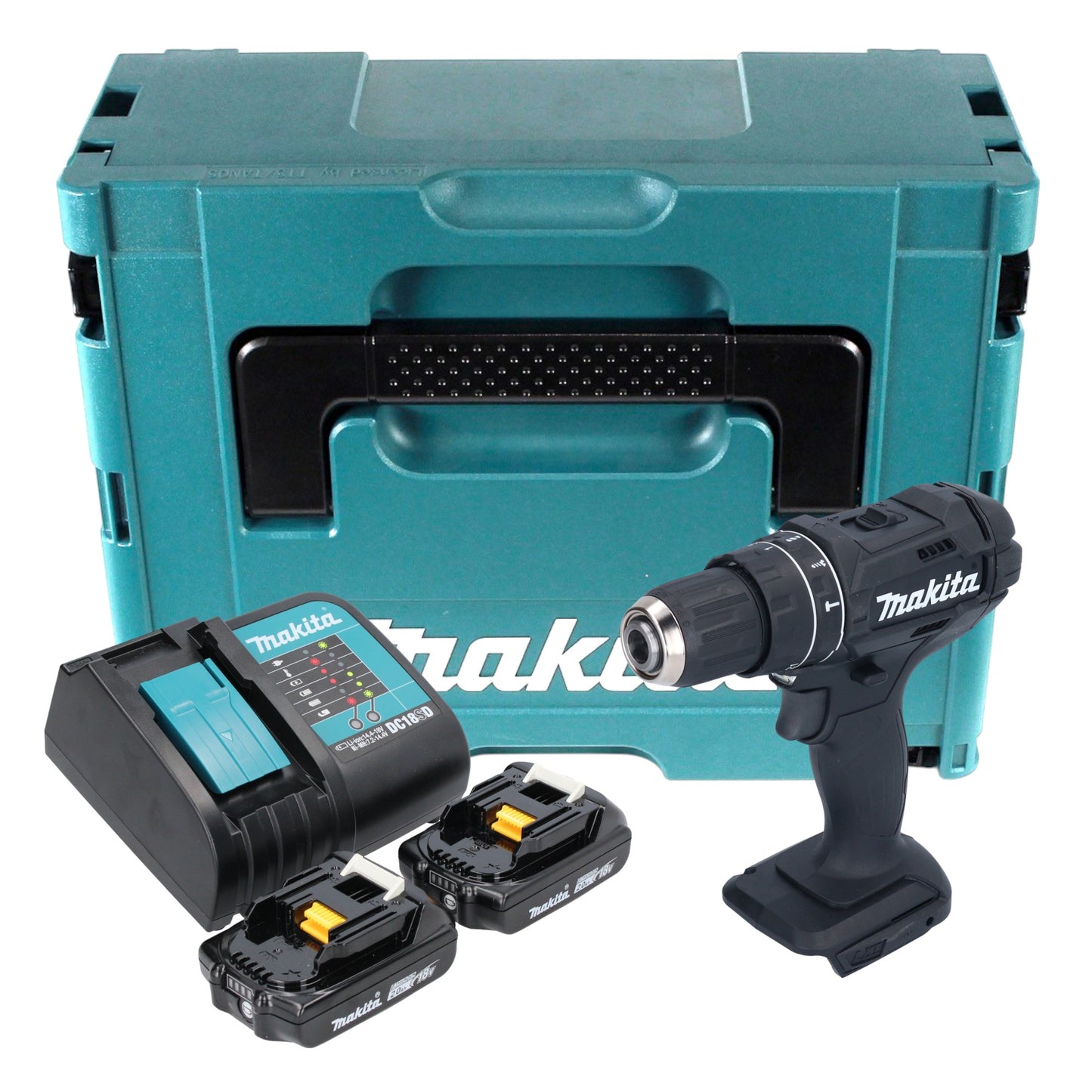 Makita DHP 482 SAJB Akku Schlagbohrschrauber 18 V 62 Nm Schwarz + 2x Akku 2,0 Ah + Ladegerät + Makpac