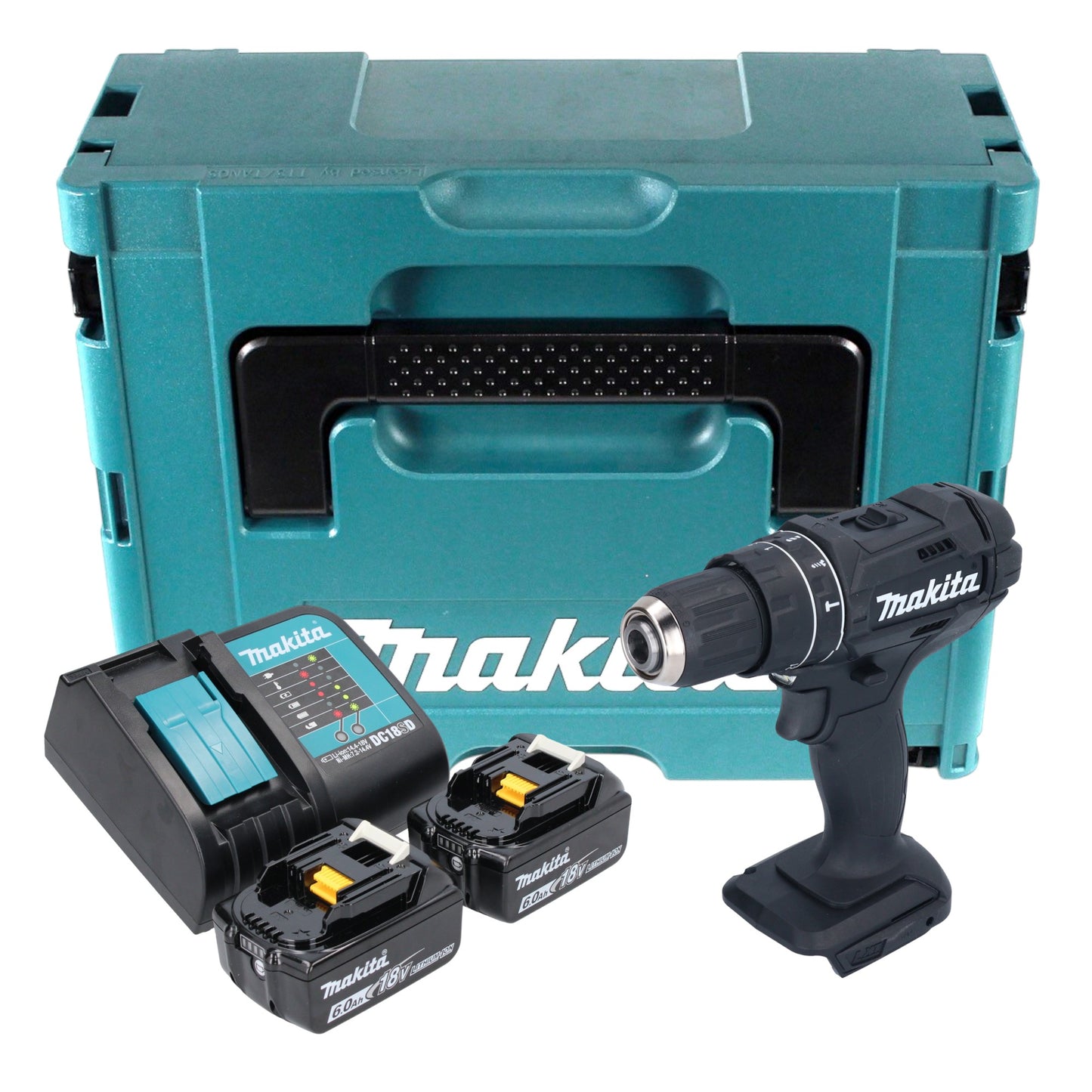 Makita DHP 482 SGJB perceuse à percussion sans fil 18 V 62 Nm noir + 2x batteries 6,0 Ah + chargeur + Makpac