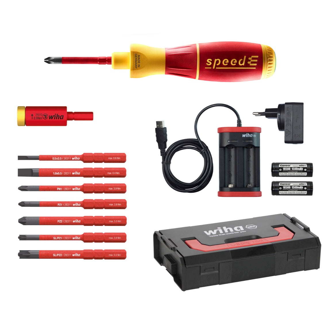 Wiha speedE® Set 2 E-Schraubendreher mit 2x Akku 1,5Ah + Ladegerät + 8x slimBits + TorqueAdapter 2,8Nm + L-Boxx ( 41912 ) - Toolbrothers