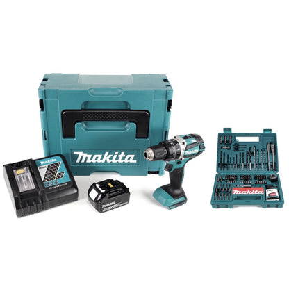 Makita DHP 484 RF1J 18 V Li-ion Akku Schlagbohrschrauber im Makpac inkl. 3,0 Ah Akku und Ladegerät + Makita B-53811 Bit & Bohrer-Set 100-teilig - Toolbrothers