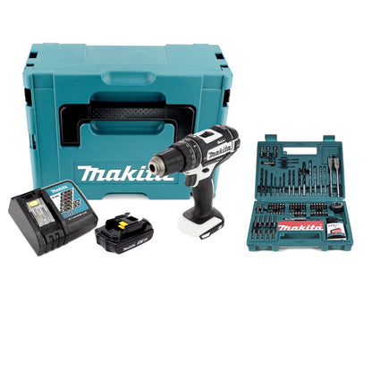 Makita DHP 482 RF1J W  Akku Schlagbohrschrauber 18 V 62Nm im Makpac +  3,0A h Akku + Schnellladegerät  + Makita B-53811 Bit & Bohrer-Set 100-teilig - Toolbrothers