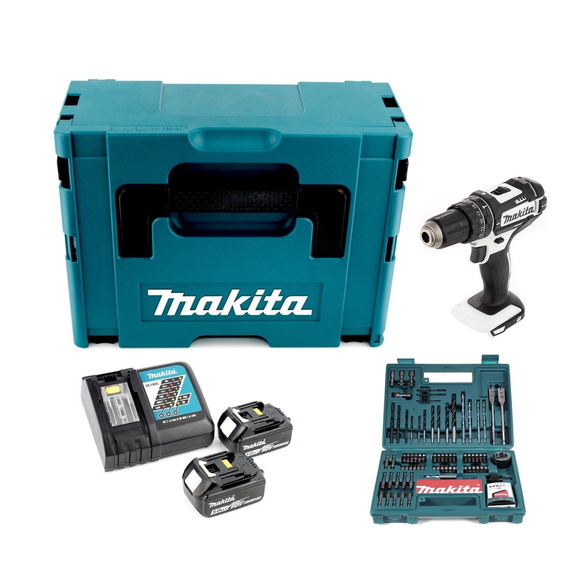 Makita DHP 482 W RTJ - 18 V Li-Ion Akku Schlagbohrschrauber im Makpac + 2x 5,0Ah Akku + Schnellladegerät + Makita B-53811 Bit & Bohrer-Set 100-teilig - Toolbrothers