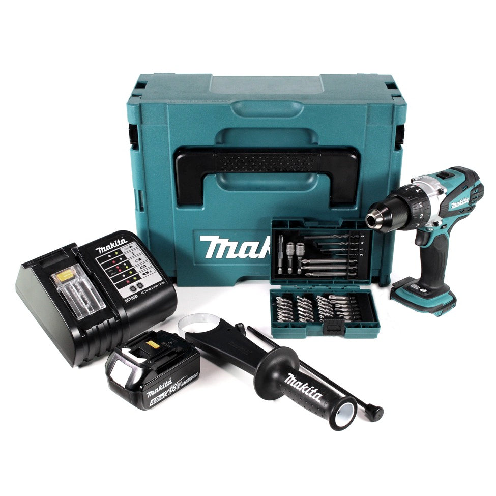 Makita DHP 458 SM1J Akku Schlagbohrschrauber 18 V 91Nm im Makpac + 4,0 Ah Akku + Ladegerät + 38 tlg. Bit- & Bohrer Set - Toolbrothers