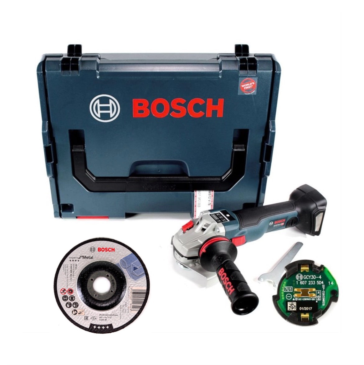 Bosch GWS 18 V-125 SC Akku Winkelschleifer 18V 125mm Solo + 25x Trennscheibe für Metall 125x22,23 mm, gekröpft + GCY 30-4 Connectivity Modul + L-Boxx - Toolbrothers