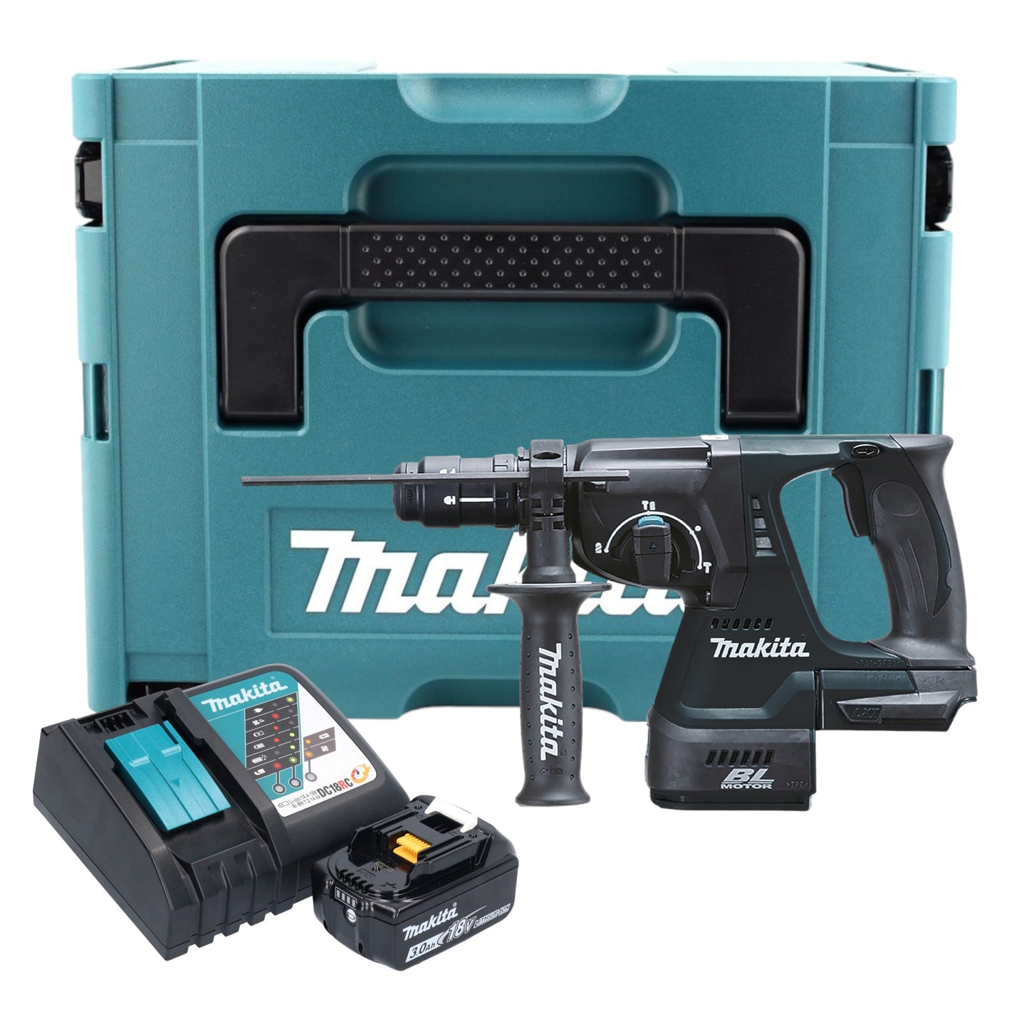 Makita DHR 243 RF1J B Akku Kombihammer 18 V 2,0 J SDS-Plus schwarz + 1x Akku 3,0 Ah + Ladegerät + Schnellwechselfutter + Makpac